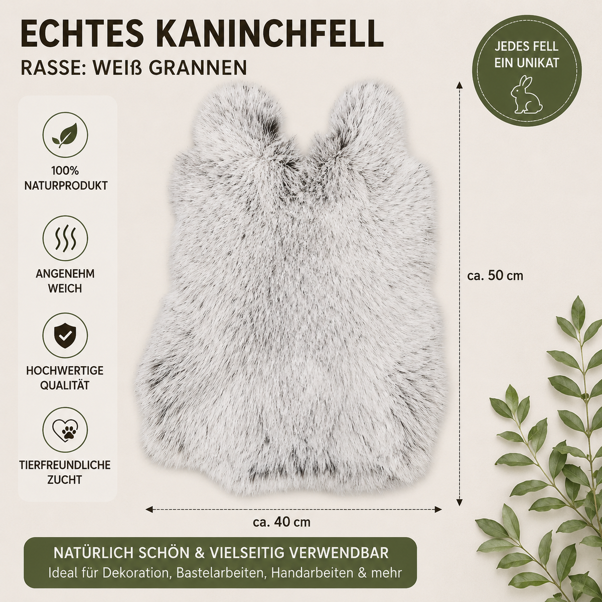 BillyGreen echtes Kaninchenfell in Weiß mit Grannen, weich gegerbtes Naturprodukt für Dekoration und Handarbeit