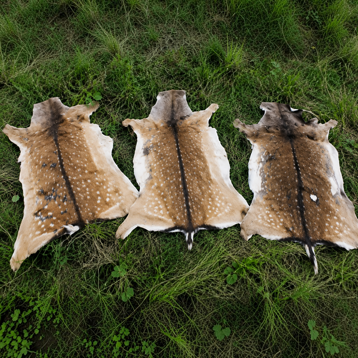 Drei BillyGreen Damwildfelle mit charakteristischer Punktzeichnung auf grünem Gras, ökologisch gegerbt.