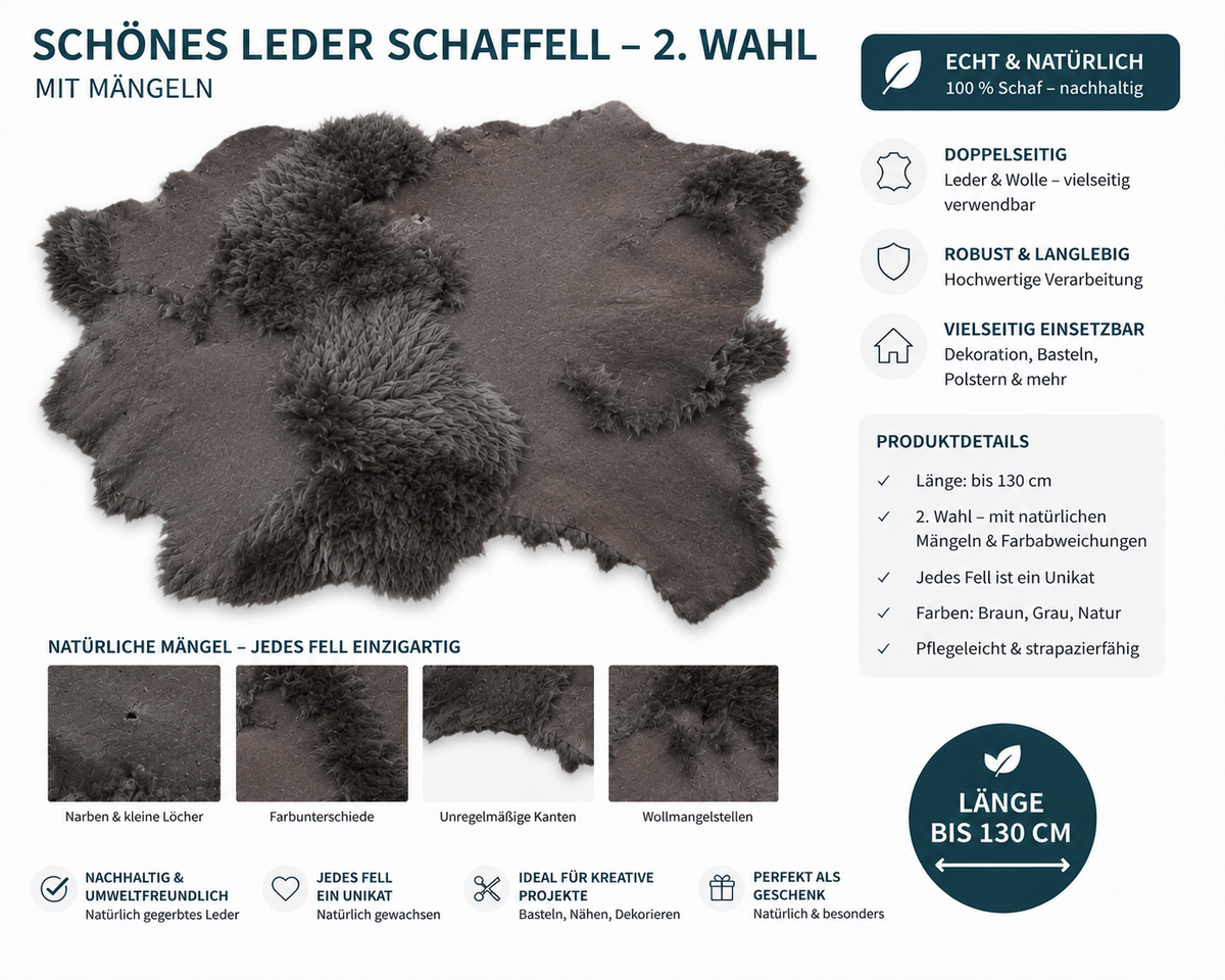 Echtes Schaffell Double Face nachhaltig gegerbt - Lammfell 2. Wahl zum Nähen, Basteln & DIY - Braun, Dunkelbraun, Hellbraun, Grau