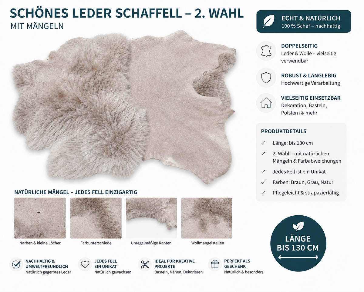 Echtes Schaffell Double Face nachhaltig gegerbt - Lammfell 2. Wahl zum Nähen, Basteln & DIY - Braun, Dunkelbraun, Hellbraun, Grau