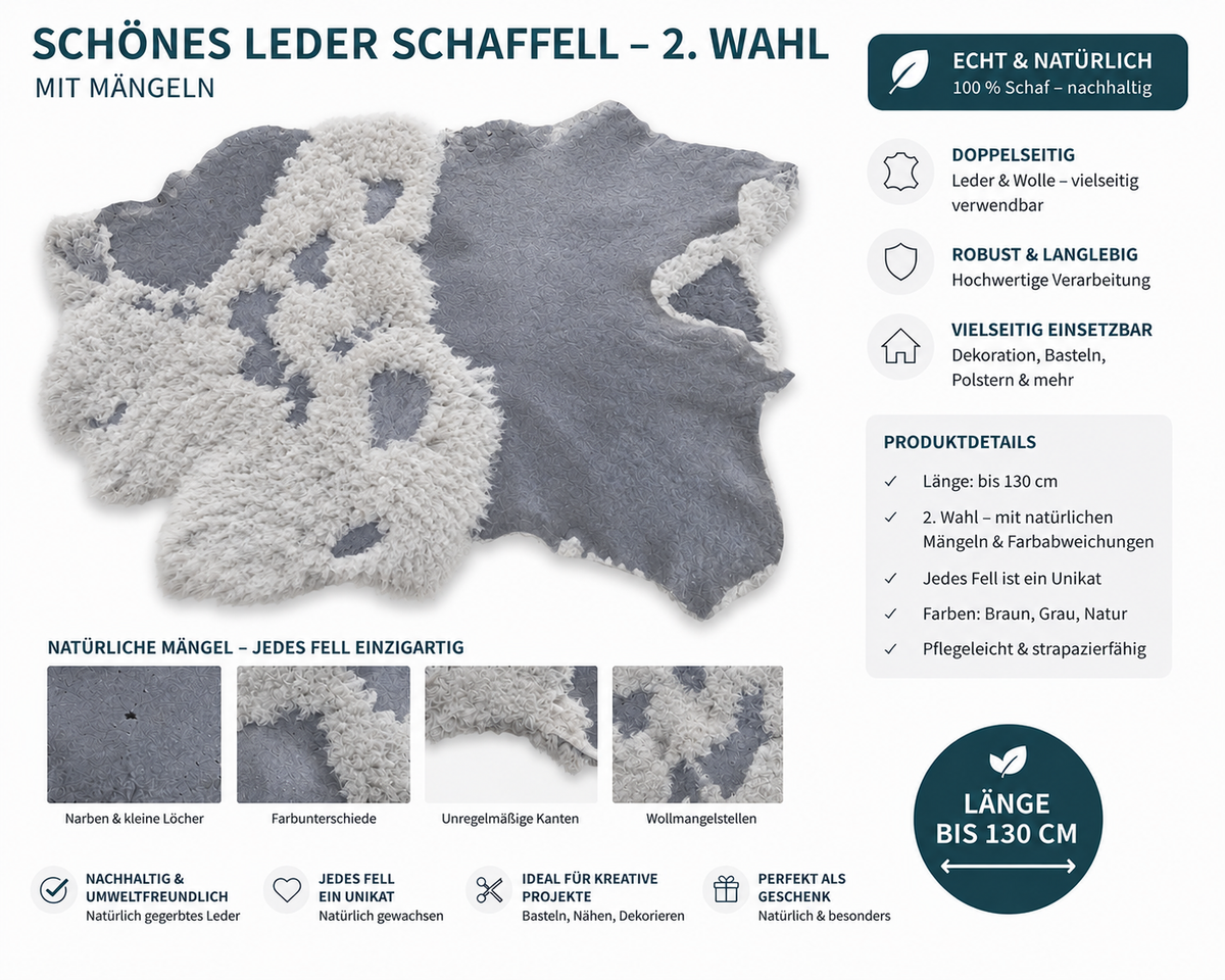 Echtes Schaffell Double Face nachhaltig gegerbt - Lammfell 2. Wahl zum Nähen, Basteln & DIY - Braun, Dunkelbraun, Hellbraun, Grau