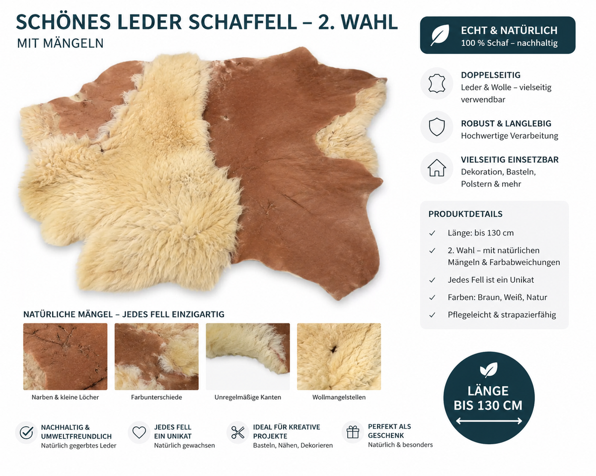 Echtes Schaffell Double Face nachhaltig gegerbt - Lammfell 2. Wahl zum Nähen, Basteln & DIY - Braun, Dunkelbraun, Hellbraun, Grau