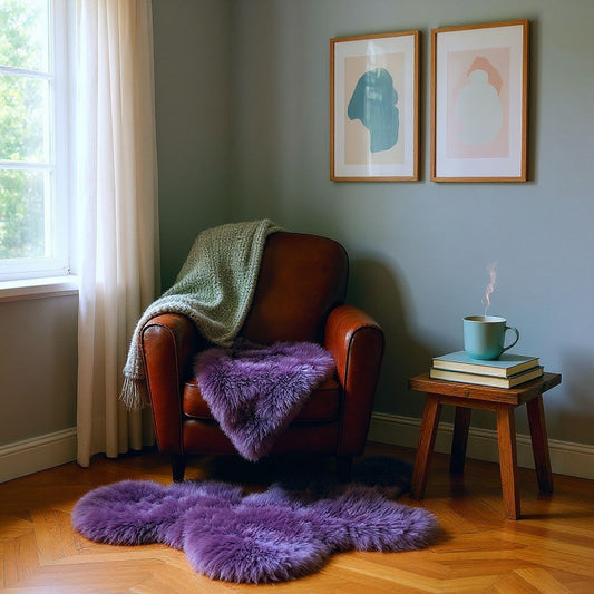 BUNTE Schaffell | Lila | Echtes Lammfell |Teppich Deko | 120cm | Sitzauflage