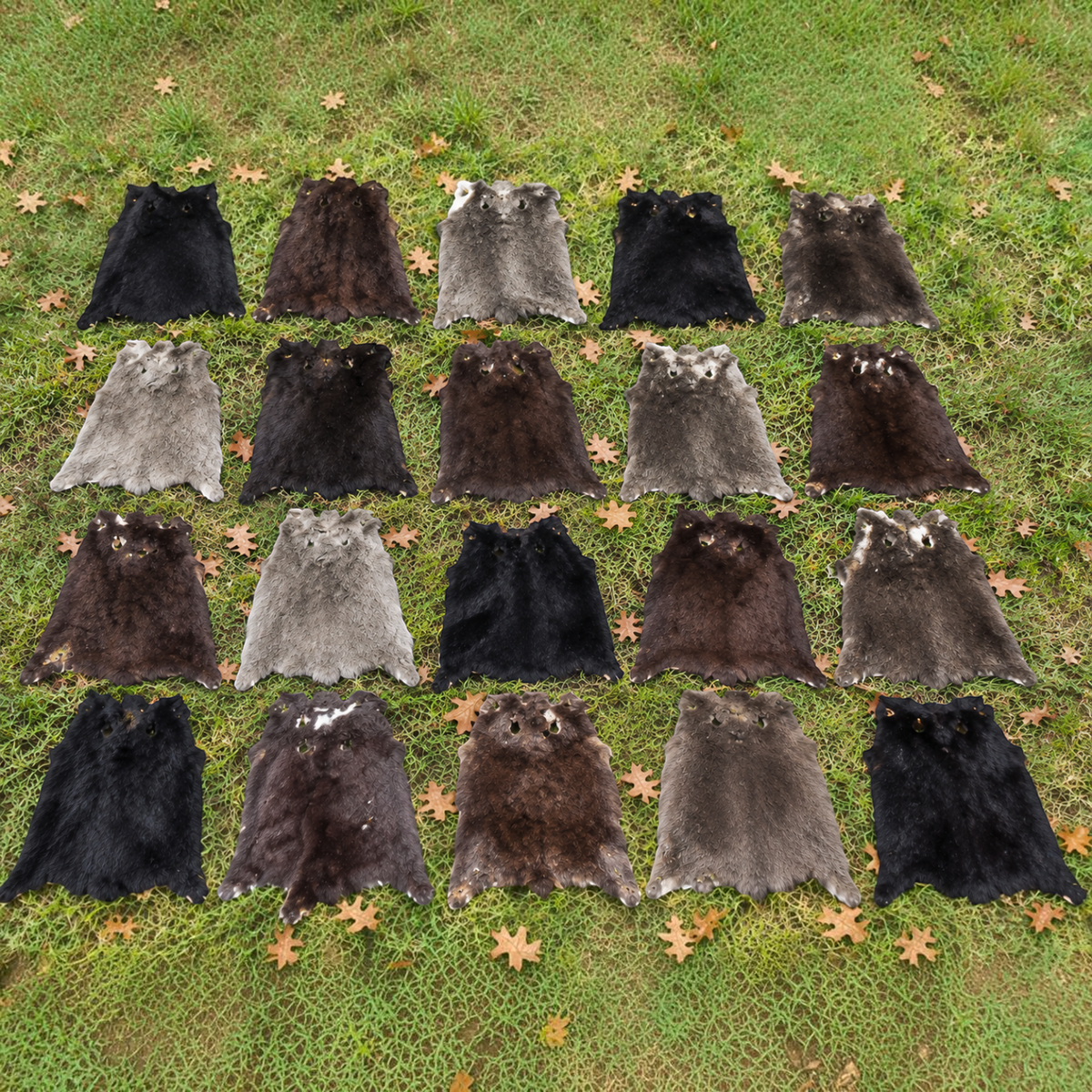 BillyGreen 10er-Set echte Nutriafelle in verschiedenen Brauntönen auf Gras, ideal für Bastel- und LARP-Projekte.