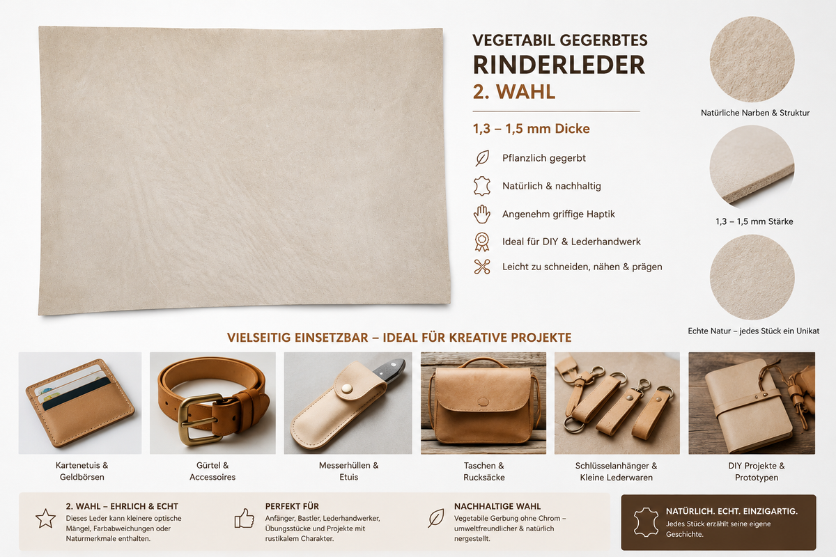 Vegetabil Gegerbtes Rinderleder 2. Wahl 1,3-1,5 mm - Natürliches Echtleder für Lederarbeiten & Bastelprojekte