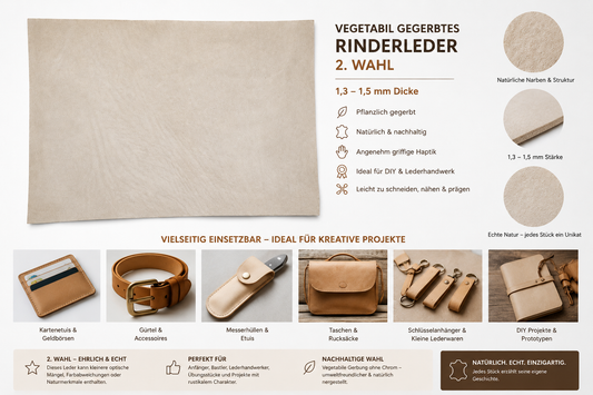 Vegetabil Gegerbtes Rinderleder 2. Wahl 1,3-1,5 mm - Natürliches Echtleder für Lederarbeiten & Bastelprojekte