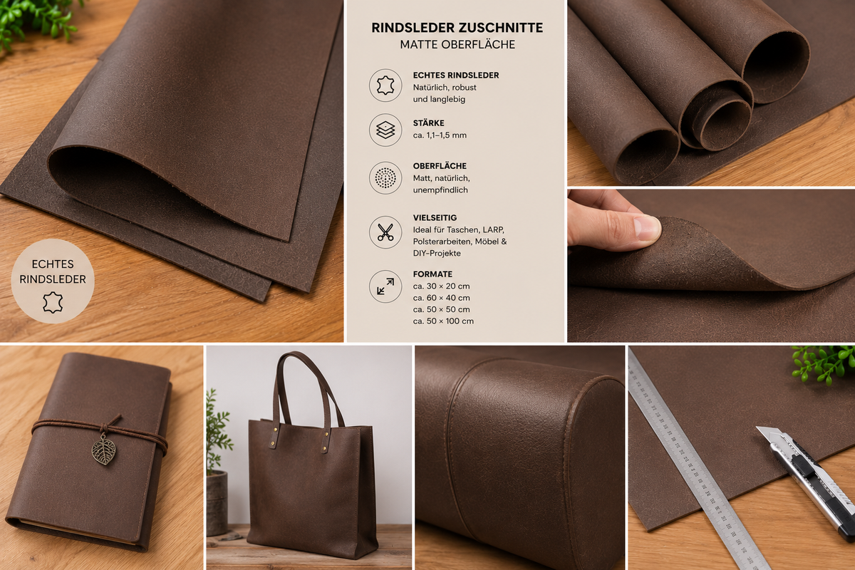 Rindsleder Zuschnitte Braun Halb-Matt - Echtleder 1,1-1,5 mm - Premium Leder für Taschen, Möbel & DIY