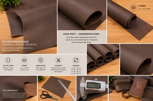 Rindsleder Zuschnitte Braun Halb-Matt - Echtleder 1,1-1,5 mm - Premium Leder für Taschen, Möbel & DIY