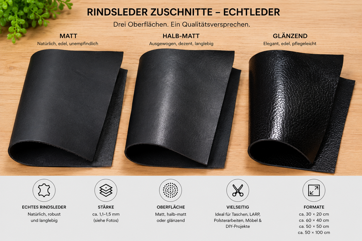 Rindsleder Zuschnitte - 1,1-1,5 mm - Echtleder in verschiedenen Größen - robust & vielseitig