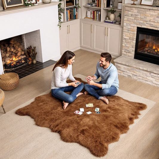 180 x 110cm | XXL Schaffell Echt | Lammfell-Fell-Teppich | Weiß, Braun, Geflammt | 4x vernäht