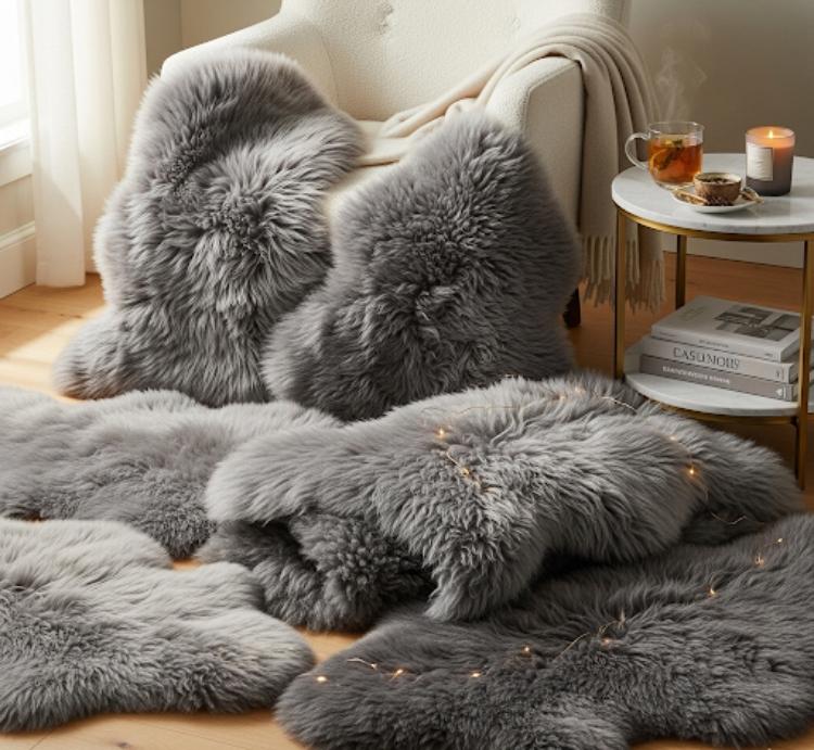 BUNTE Schaffell | Grau | Echtes Lammfell |Teppich Deko | 120cm | Sitzauflage