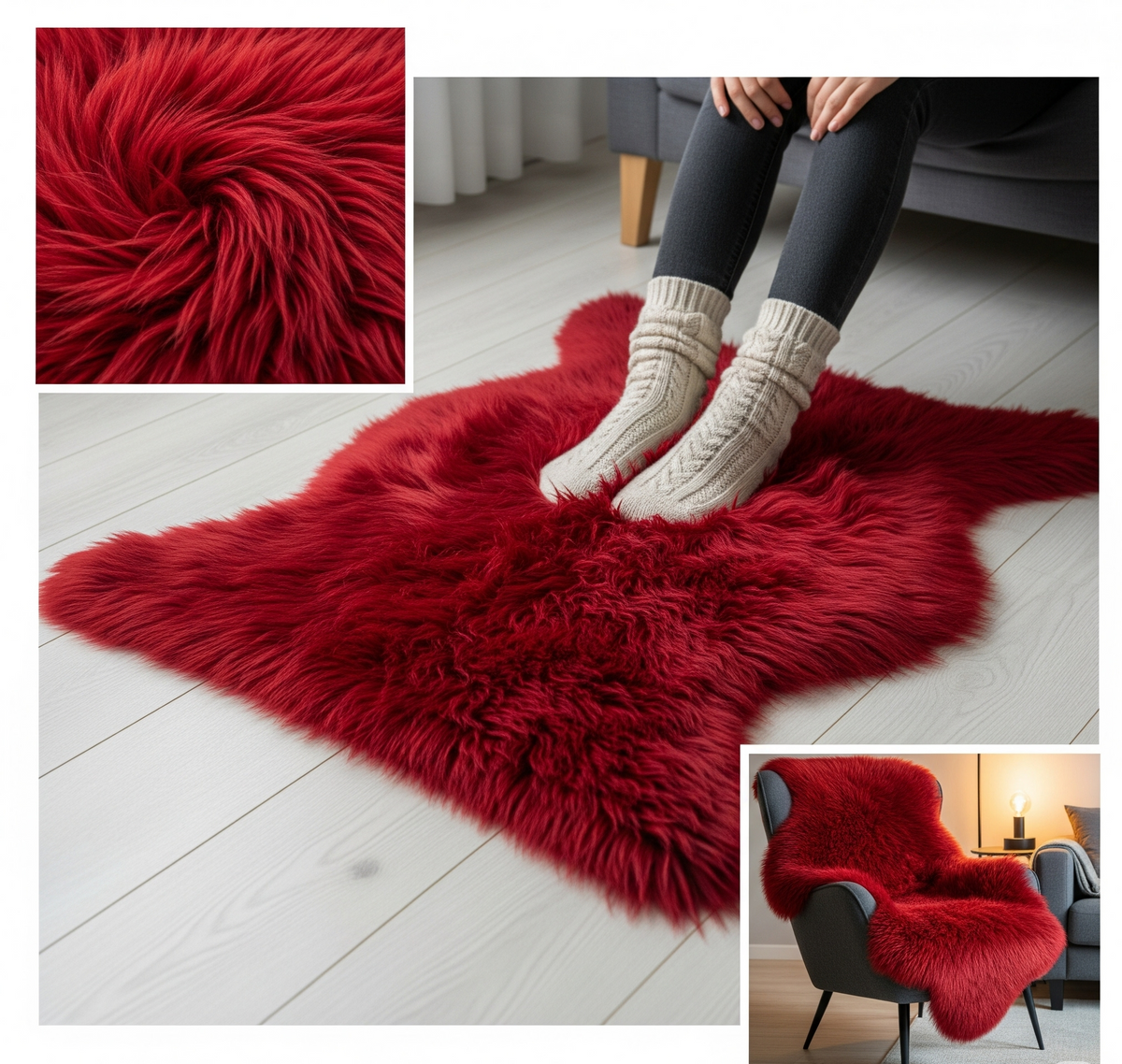 BUNTE Schaffell | Rot | Echtes Lammfell |Teppich Deko | 120cm | Sitzauflage